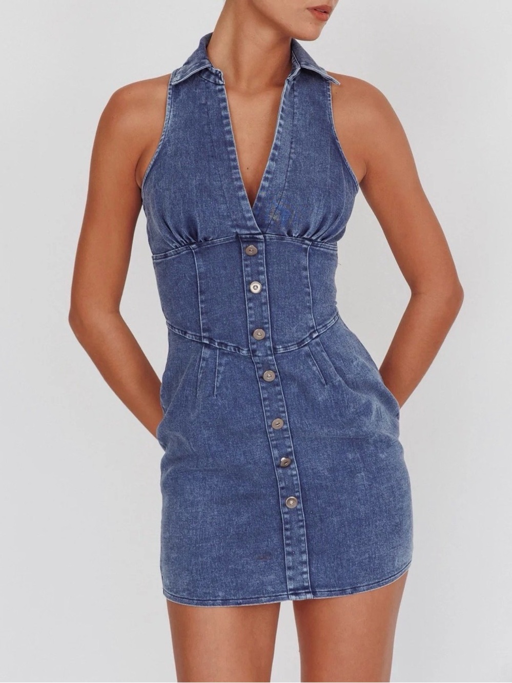 Selfie Leslie Denim Halter Mini Dress Button Front Corset XS AU 6
